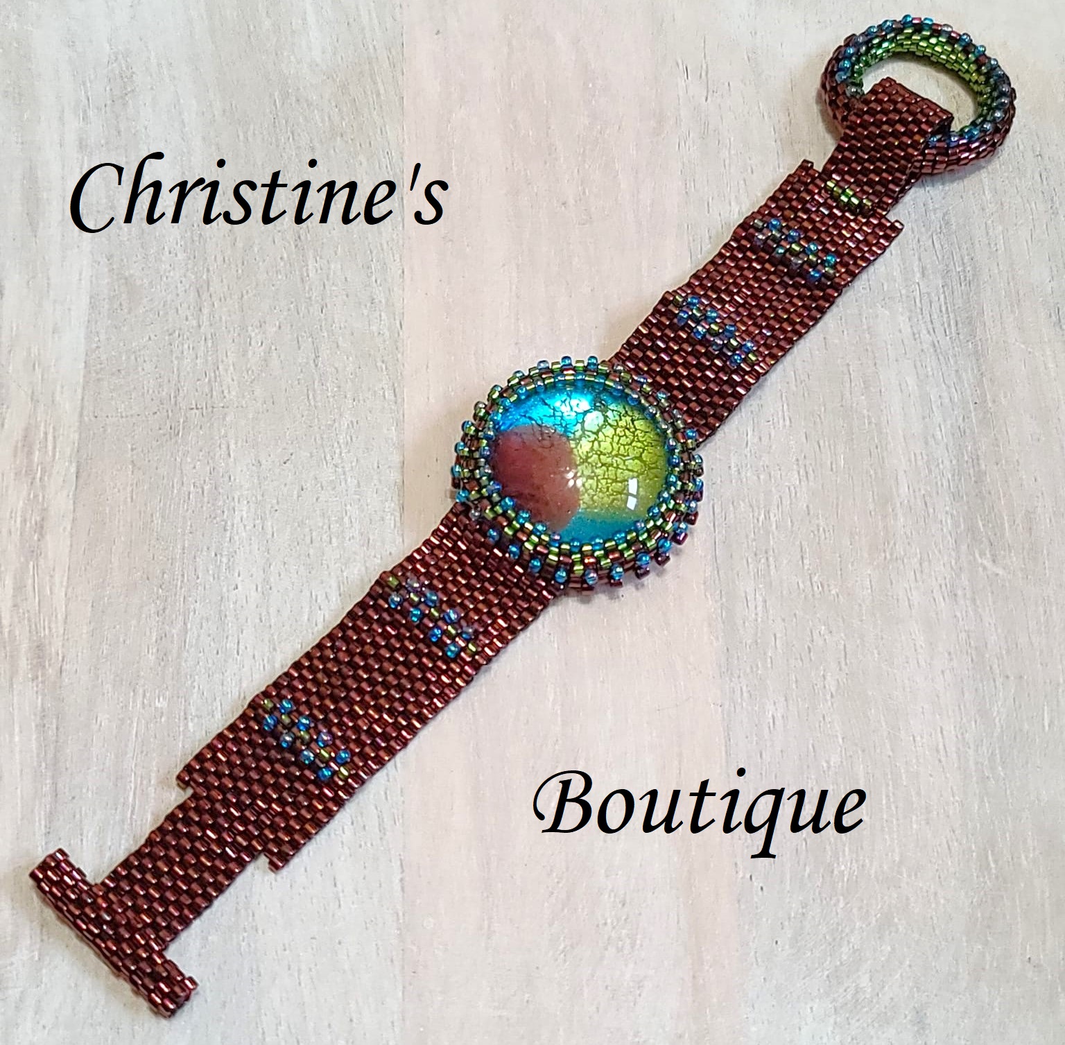 Dichroic glass bracelet, watch style, miyuki glass, handcrafted - Click Image to Close