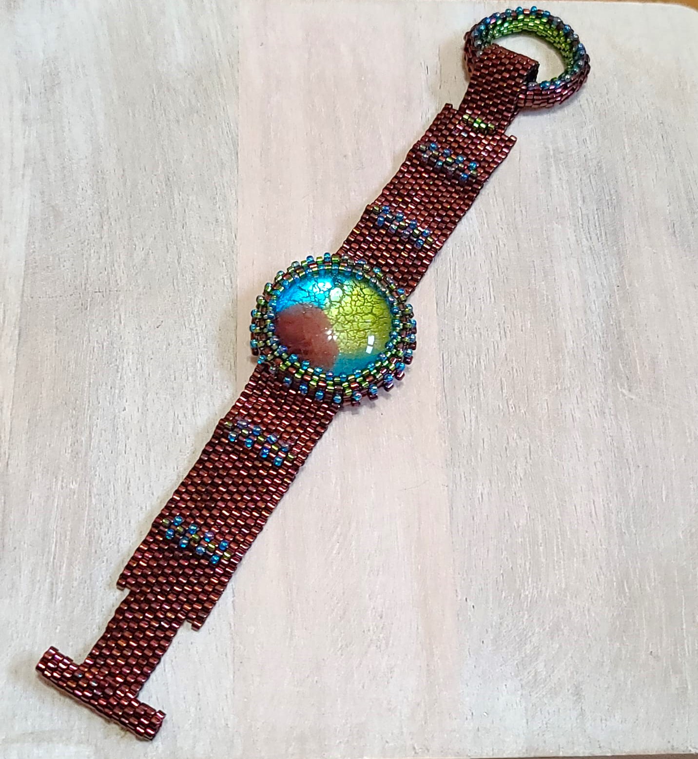 Dichroic glass bracelet, watch style, miyuki glass, handcrafted