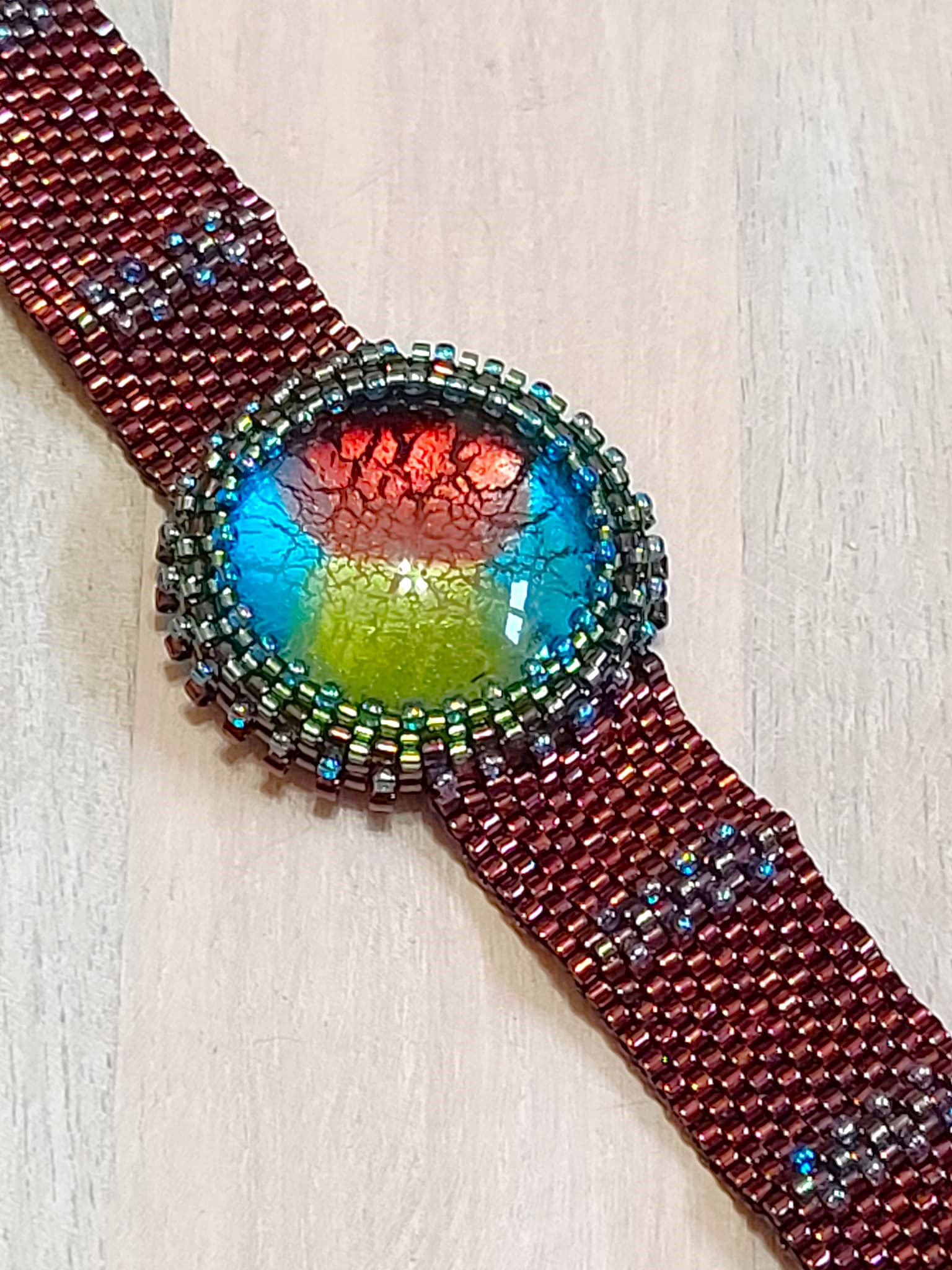 Dichroic glass bracelet, watch style, miyuki glass, handcrafted