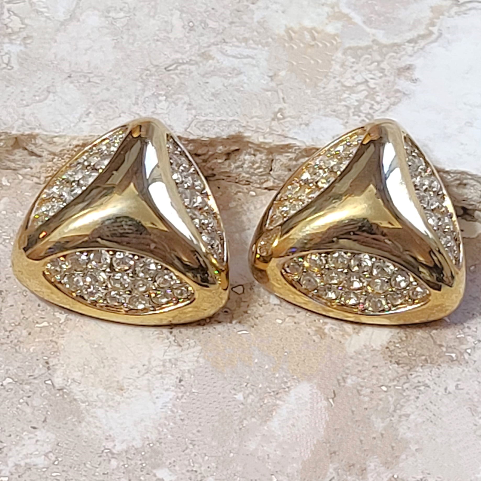 Nina Ricci earrings, clip on earrings, goldtone and rhinestones, signed designer