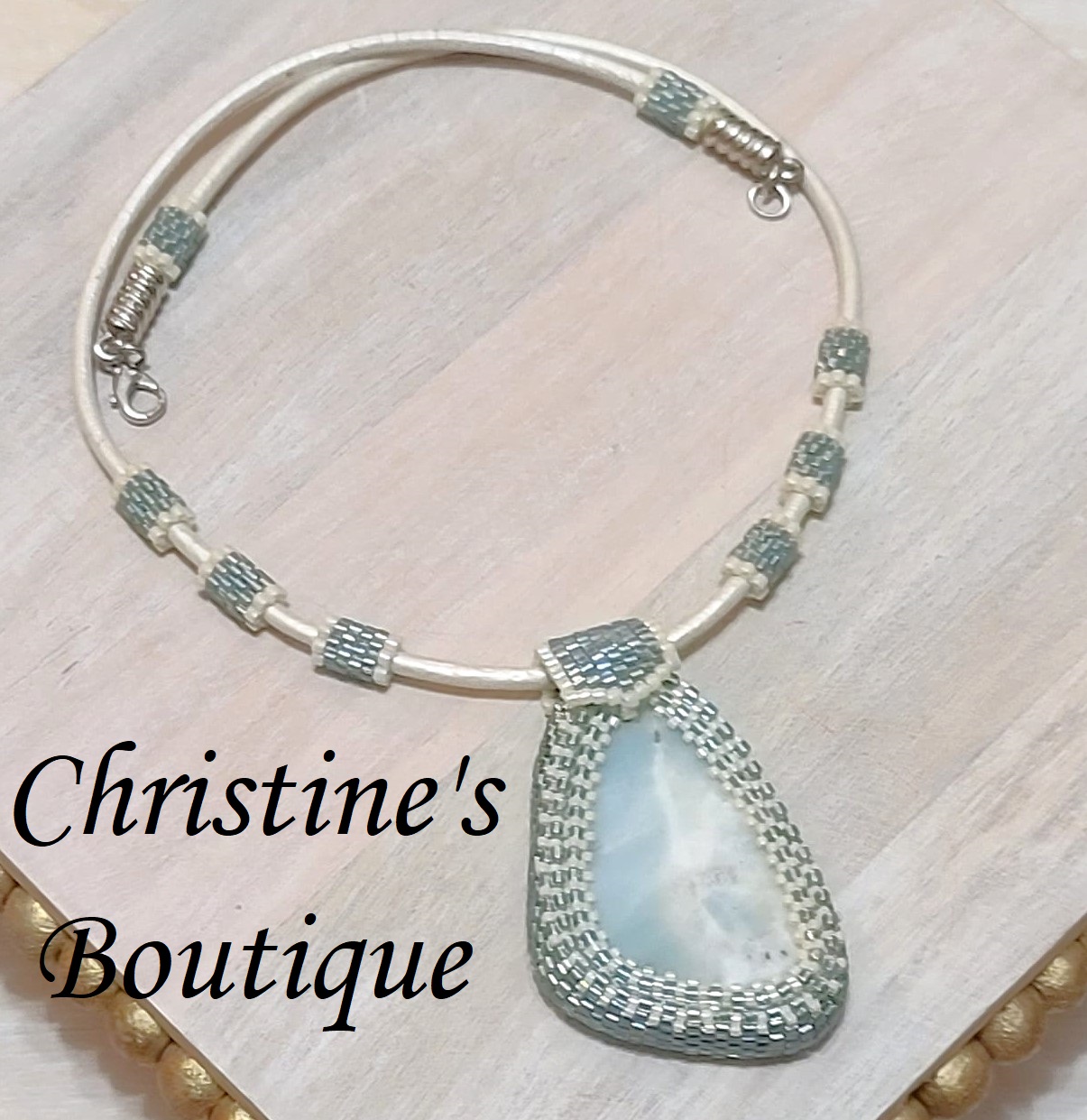 Amazonite gemstone pendant necklace with leather cord, miyuki glass, peyote stitch, handcrafted - Click Image to Close