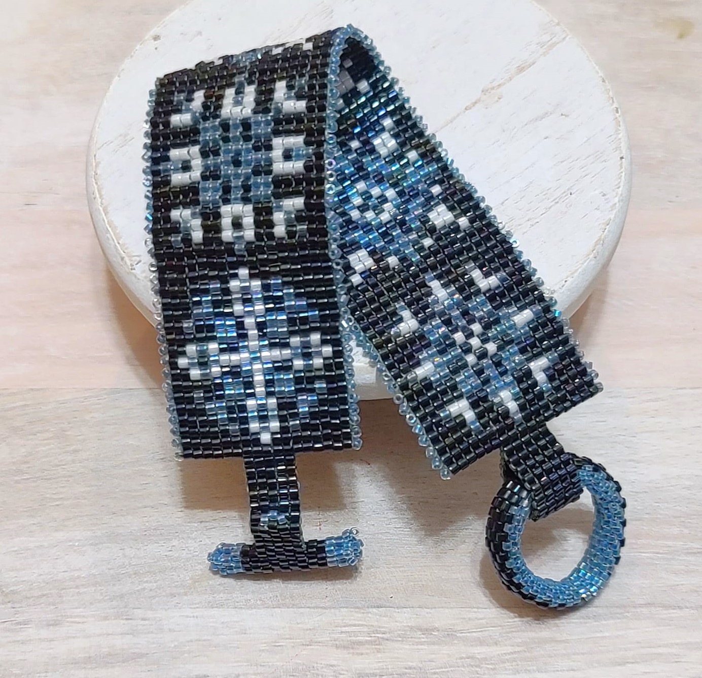 Blue and white snowflake peyote stitch bracelet w/ toggle clasp