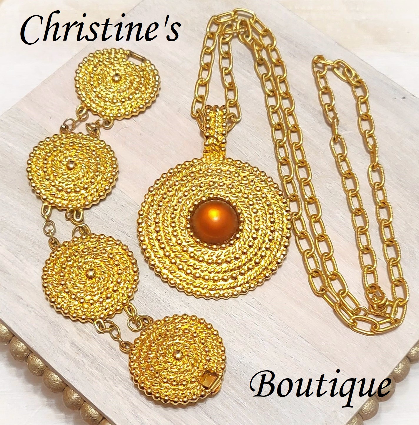 Vintage necklace and bracelet set, goldtone with center cabachon, link style bracelet, statement set - Click Image to Close
