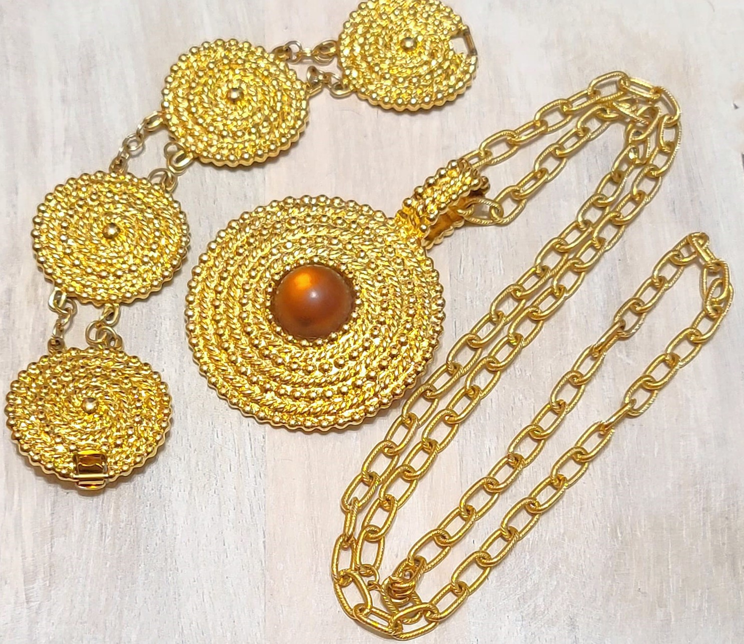 Vintage necklace and bracelet set, goldtone with center cabachon, link style bracelet, statement set