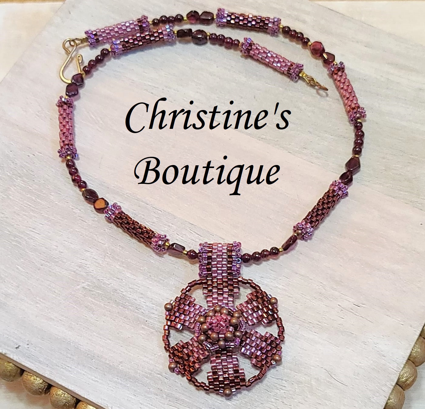 Garnet pendant necklace, center flower design with gems - Click Image to Close