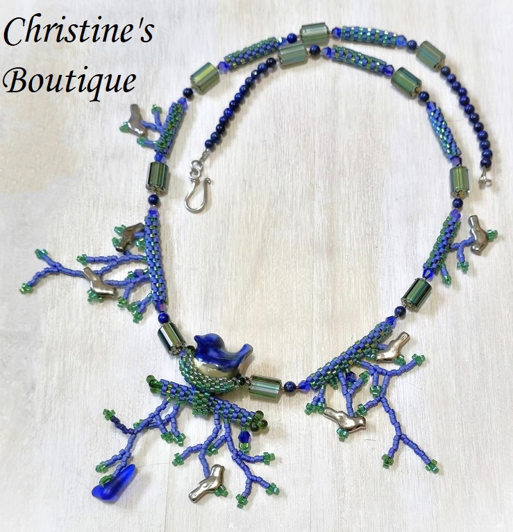 Blue lapis beaded necklace, handmade, artsy, original necklace with bird and branch strands, delica glass beading - Click Image to Close