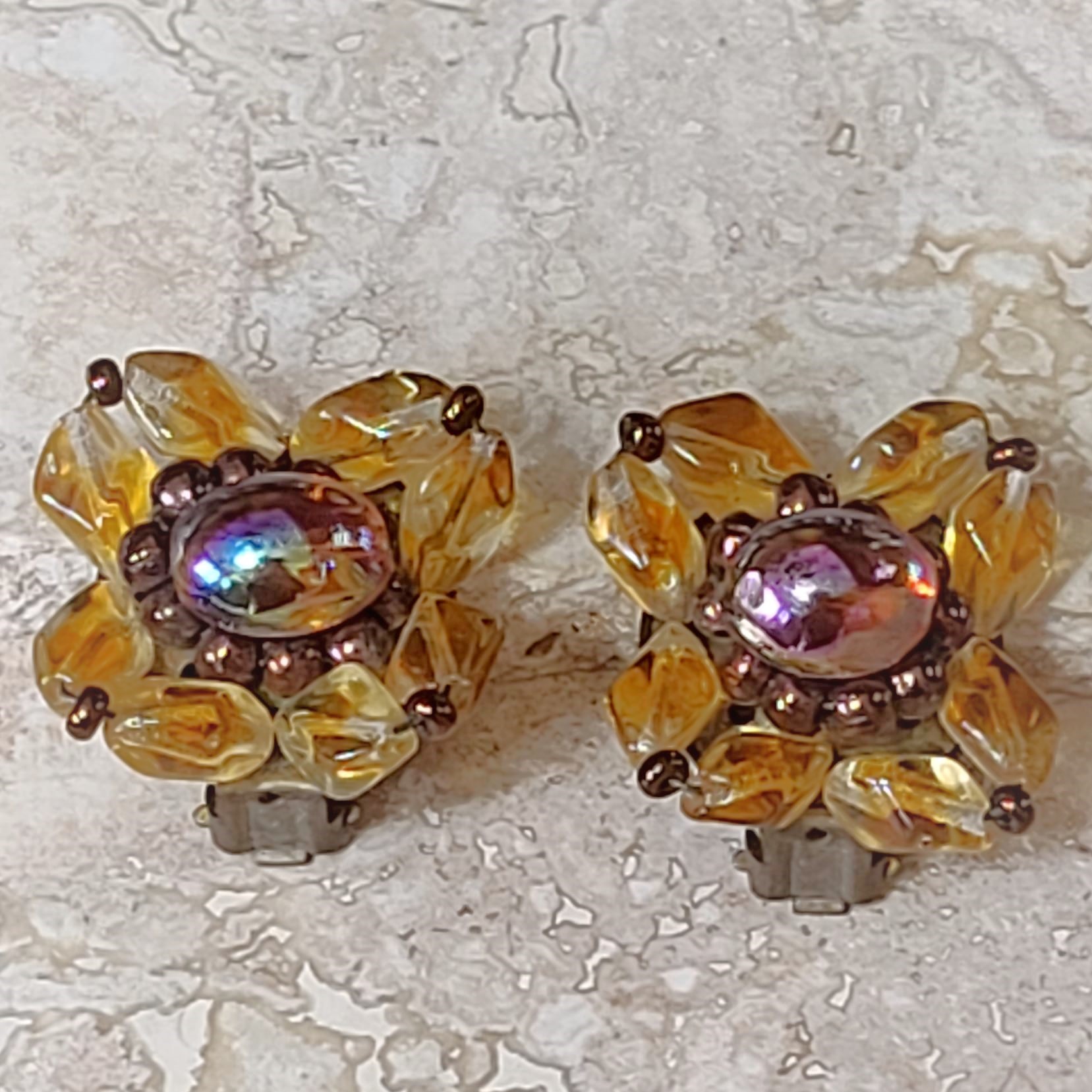 Vintage clip on earrings, carnival iridescent center with gold beads