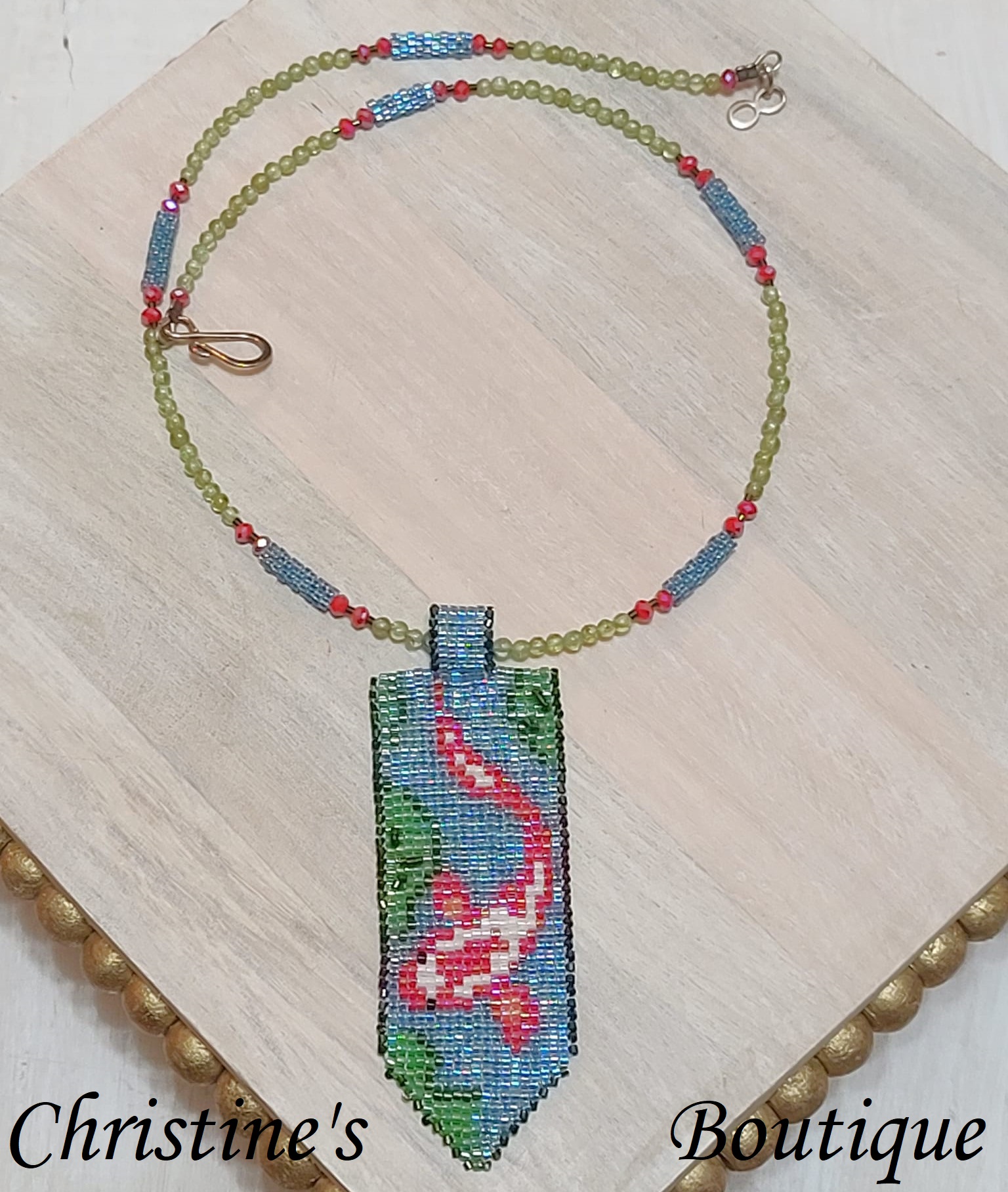 Koi Fish Hand Stitched Pendant Necklace w/Jade Gems Accents - Click Image to Close