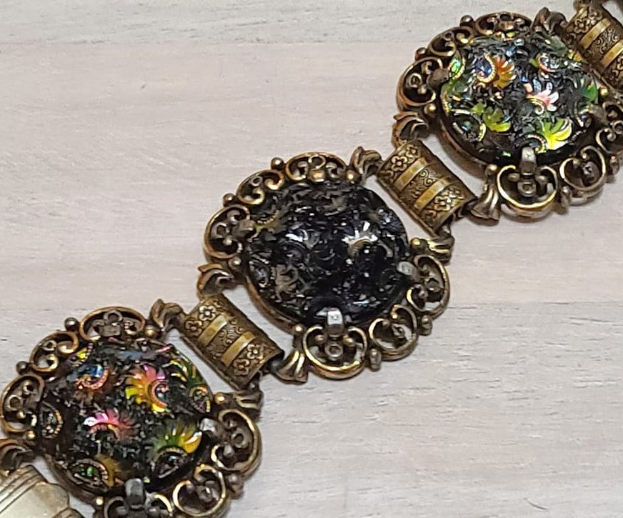 Judy Lee bracelet, designer signed, ornate iridescdent black and carnival cabachons