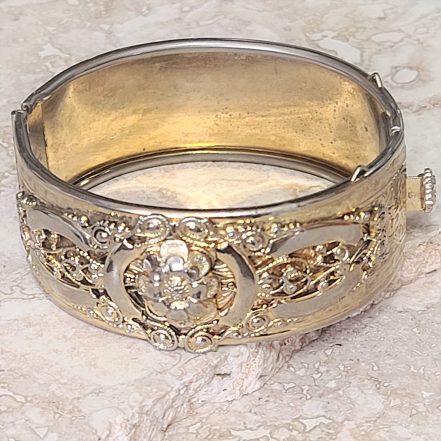 Marino Signed Ornate Bangle Bracelet Goldtone