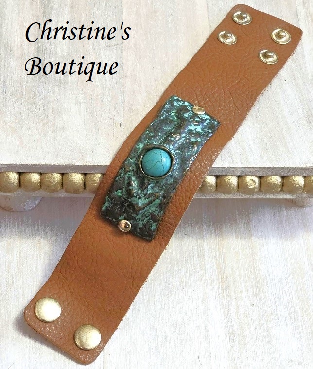 Brown Leather band bracelet, Southwest flair, metal patina, with center howalite stone, snap closurers, adjustable - Click Image to Close