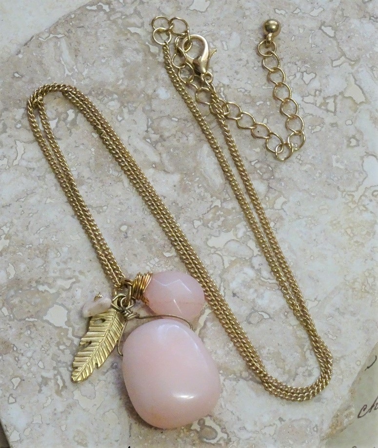 Wire wrapped Peach Quartz Gemstone w/ Feather Charm Necklace