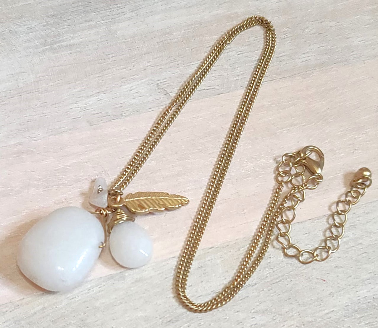 Gemstone pendant necklace, white quartz gemstone pendant, with feather charm, necklace