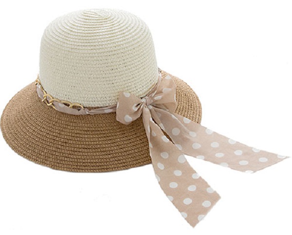 Summer Straw Hat Belted with Beige and White Polka Dots - Click Image to Close