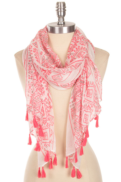 Scarf - Aztec Print with Fringe Tassel Color - Coral - Click Image to Close