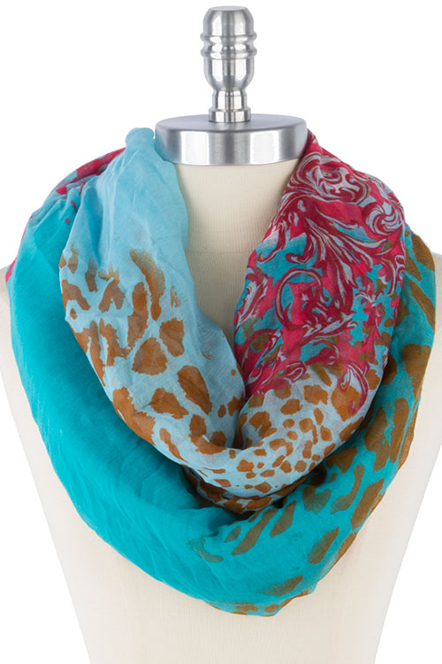 Leopard Scroll Pattern Infinity Scarf - Turquoise - Click Image to Close