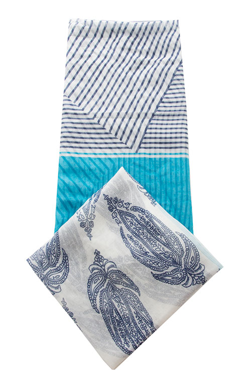 Infinity Scarf - Scroll & Stripe Print Turquoise and Navy Blue