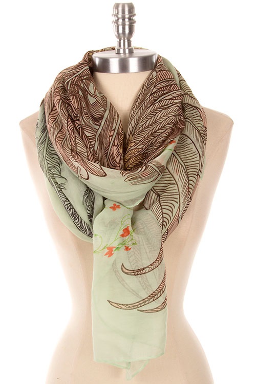 Scarf - Feather Pattern Color Mint/Brown - Click Image to Close