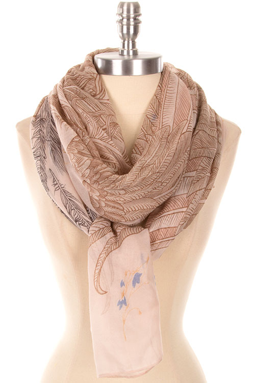 Scarf - Feather Pattern Color Taupe w/Black & Brown - Click Image to Close