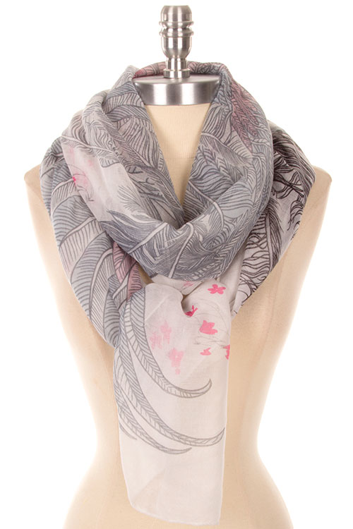 Scarf - Feather Pattern Color Gray w/Pink Accents