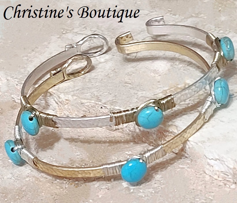Set of 2 Wire Wrapped Turquoise Howlite Gemstone Bangle Bracelet - Click Image to Close