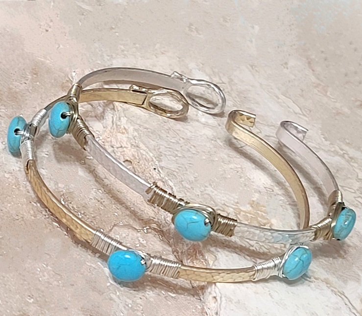 Set of 2 Wire Wrapped Turquoise Howlite Gemstone Bangle Bracelet