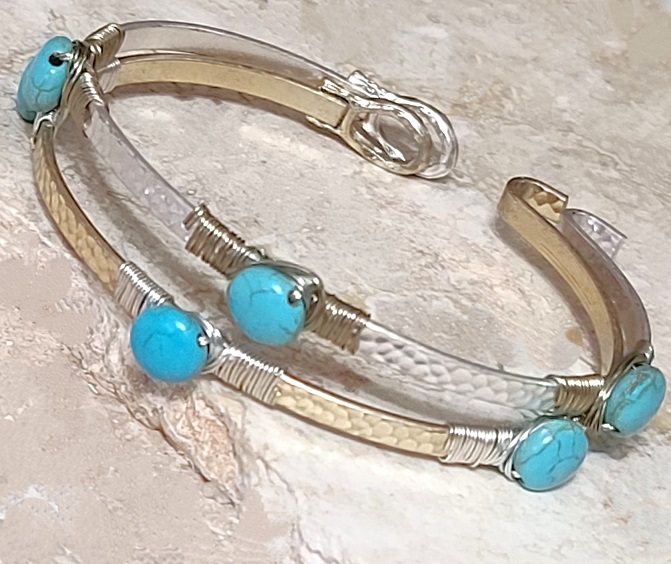 Set of 2 Wire Wrapped Turquoise Howlite Gemstone Bangle Bracelet