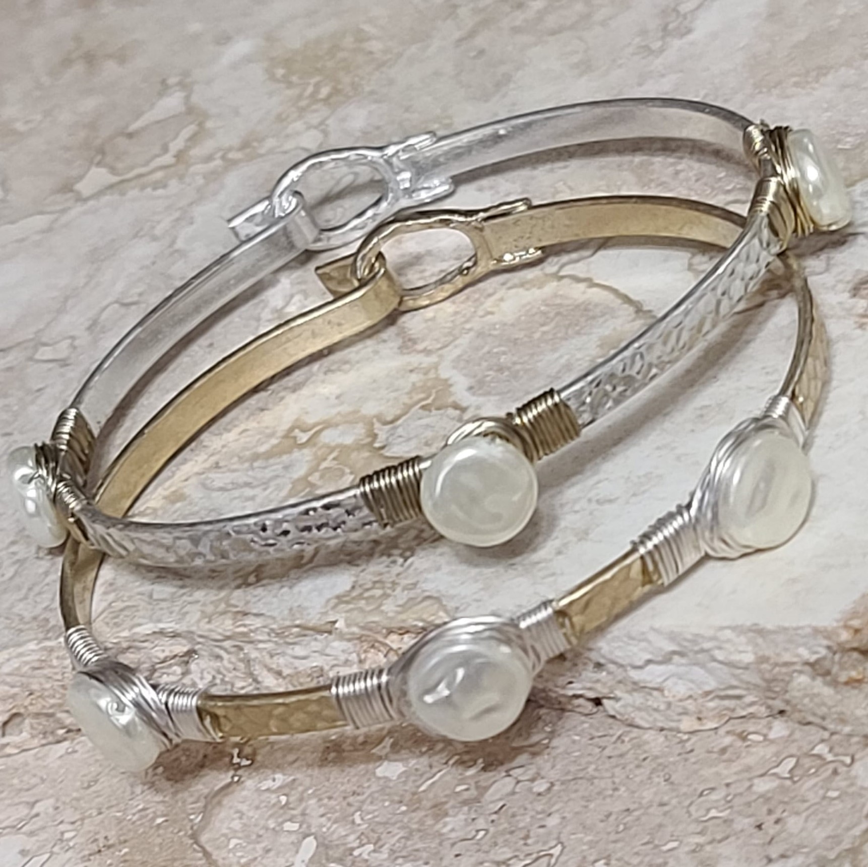 Set of 2 Wire wrapped fashion coin pearl bangle bracelets - Click Image to Close
