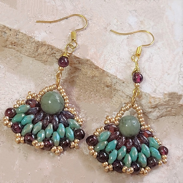Green Jasper and Garnet Gemstone Handstitched Earrings