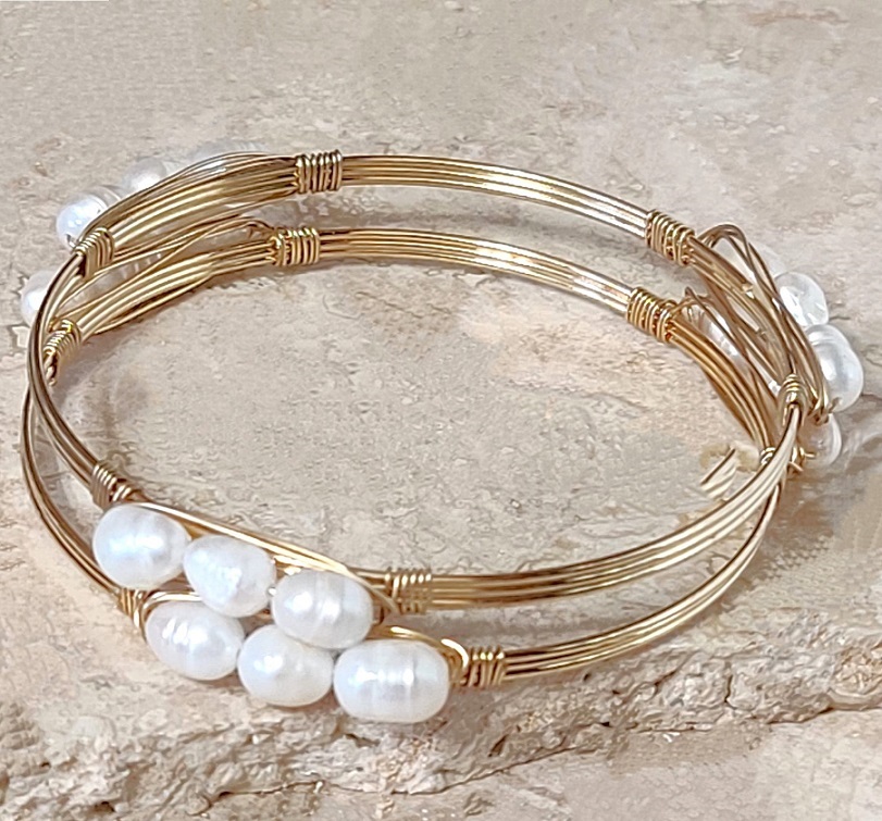 Pearl bangles bracelet, wire wrapped pearls, set of 2