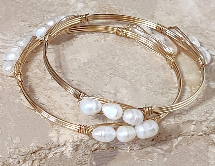 Pearl bangles bracelet, wire wrapped pearls, set of 2