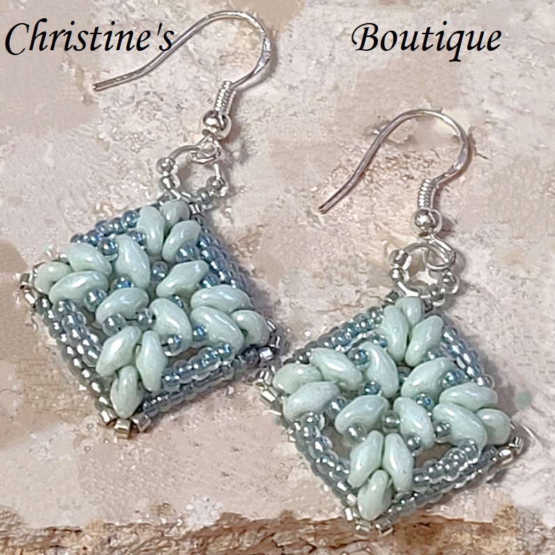 Handcrafted earrings, super duo glass miyuki beads in mint green, sterling silver ear hooks - Click Image to Close