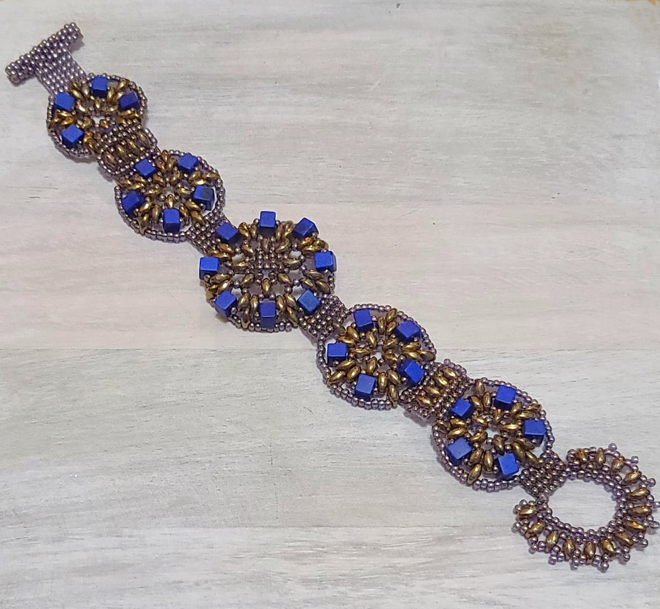 Blue Purple Lapis Gemstone Hand Stitched Medallion Bracelet