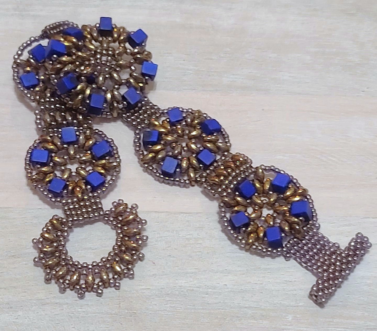 Blue Purple Lapis Gemstone Hand Stitched Medallion Bracelet