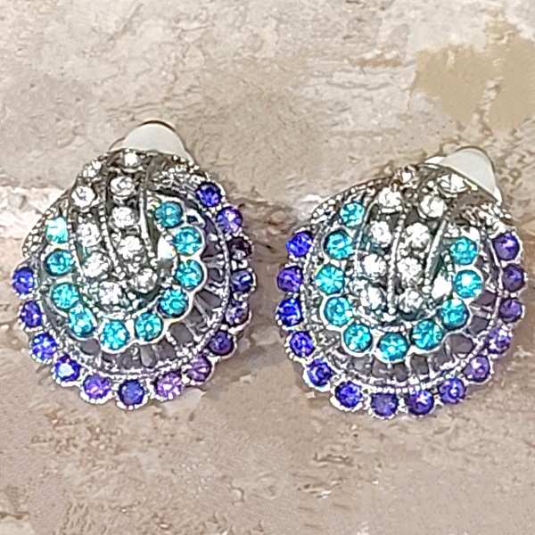 Rhinestone earrings, vintage clip on, blue and purple rhinestones