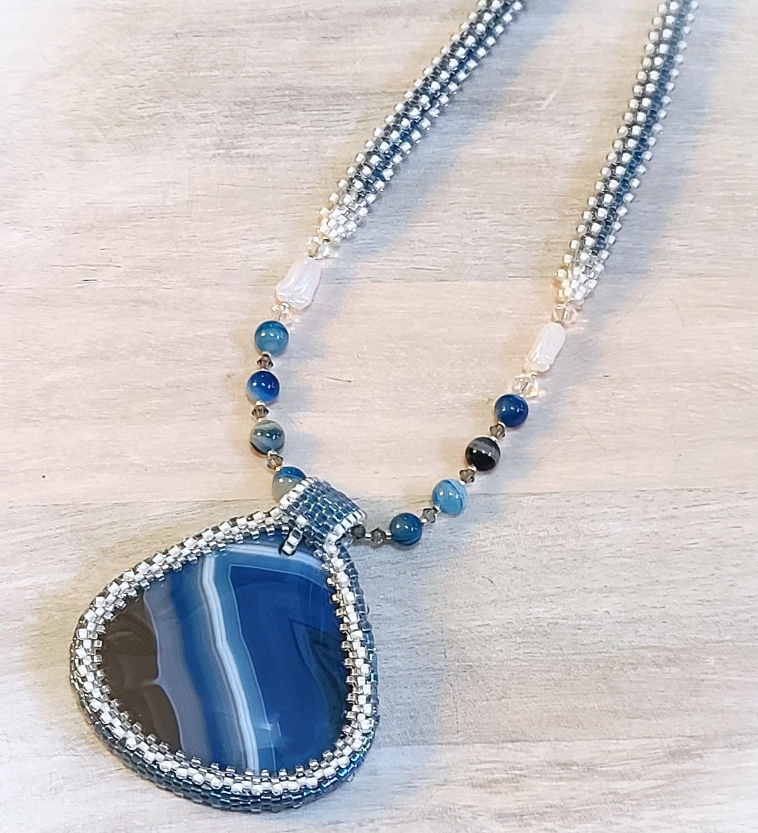 Gemstone necklace, pendant blue agate, with miyuki glass beads