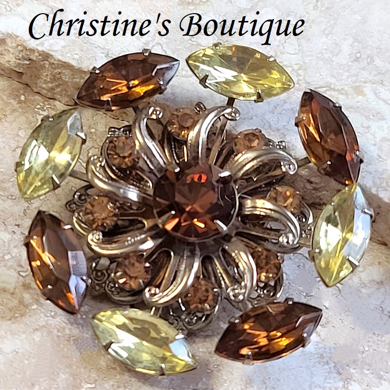 Marquis rhinestone pinwheel pin, vintage brooch, with brown and yellow rhinestones