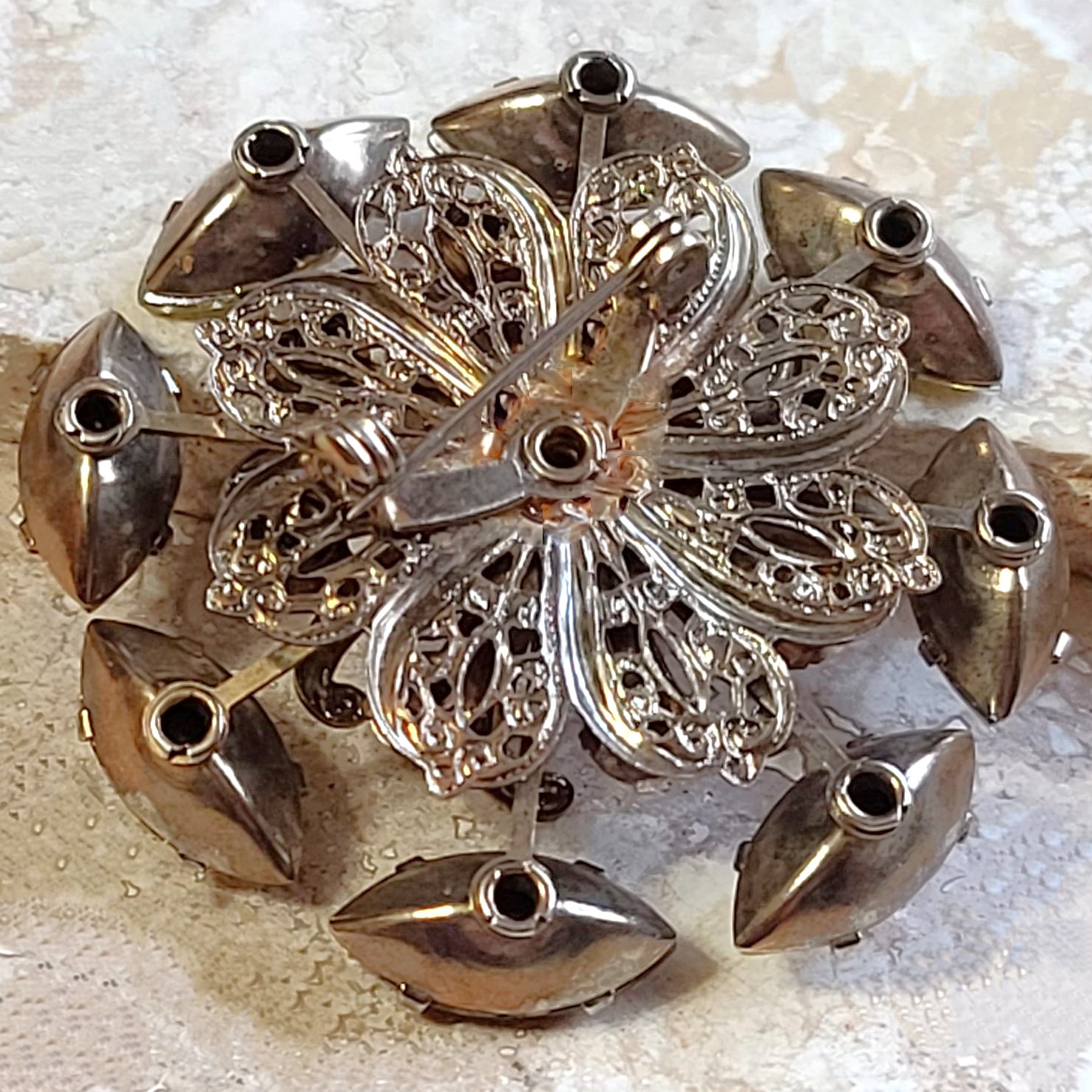 Marquis rhinestone pinwheel pin, vintage brooch, with brown and yellow rhinestones