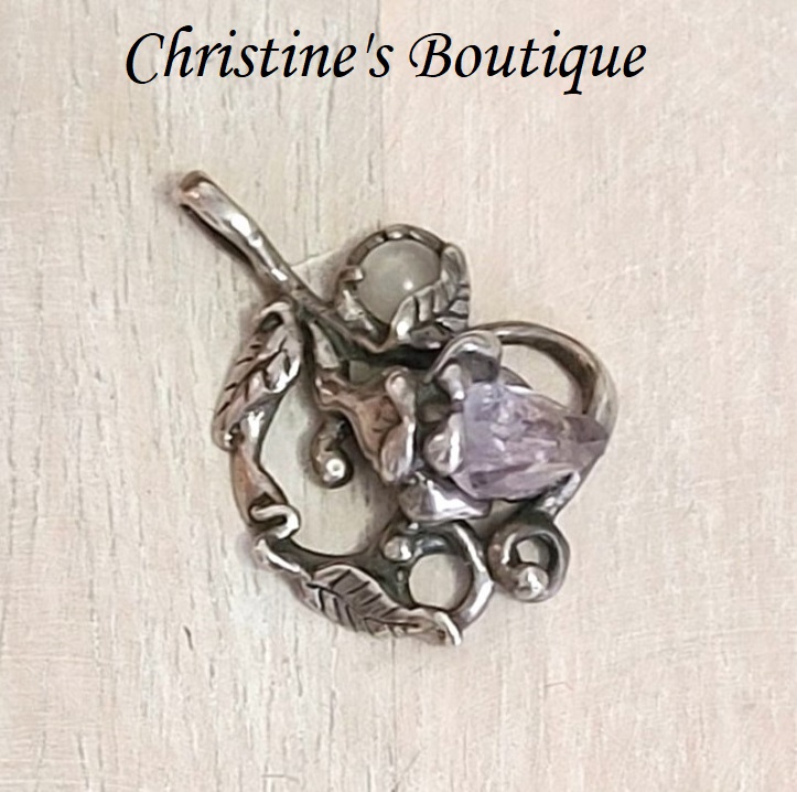 Amethyst and Moonstone gemstone pendant, vintage, signed artist R.B. - Click Image to Close