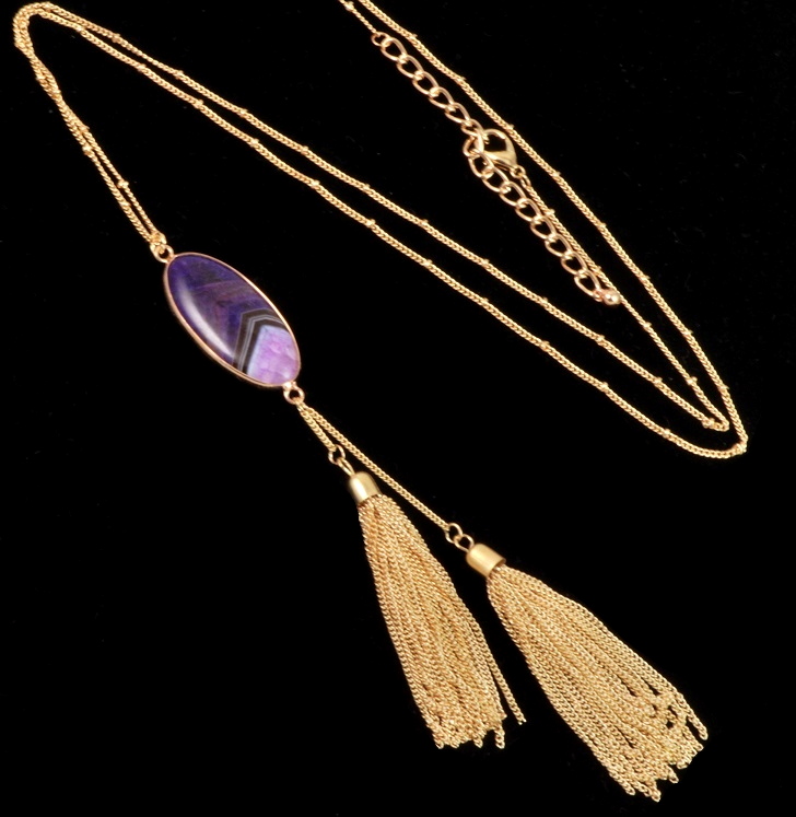 Agate Gemstone Pendant & Tassel Long Necklace (Purple) - Click Image to Close