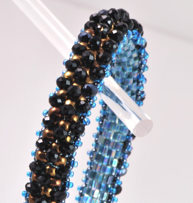 Blue Glass, Bronze and Black Crystal Handmade Bracelet