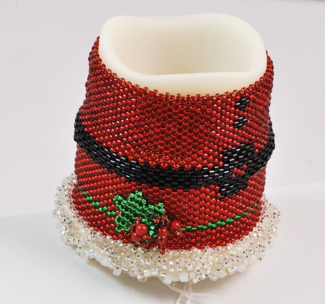 Hand woven glass bead Santa battery operated 3' candle