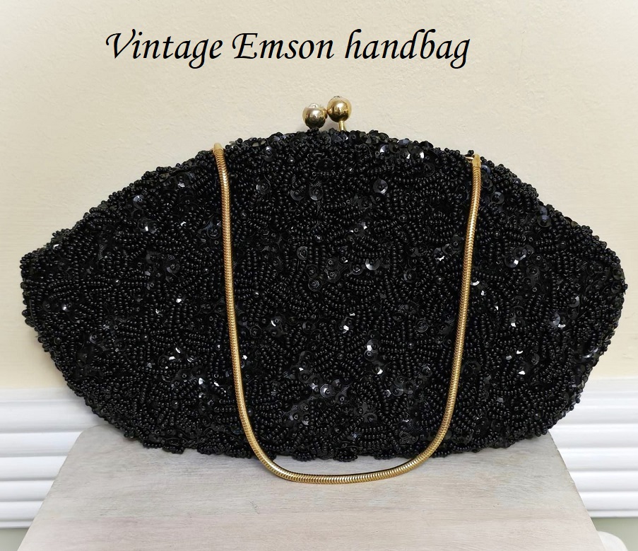 Beaded purse, vintage beaded handbag, black beaded purse, special occasion bag, designer Emson - Click Image to Close