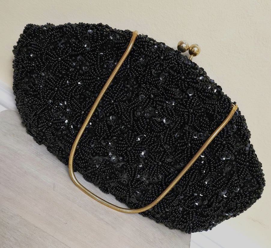 Beaded purse, vintage beaded handbag, black beaded purse, special occasion bag, designer Emson