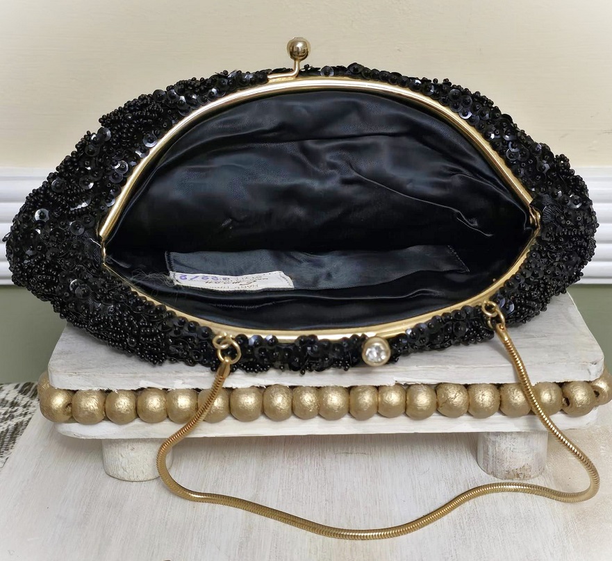 Beaded purse, vintage beaded handbag, black beaded purse, special occasion bag, designer Emson