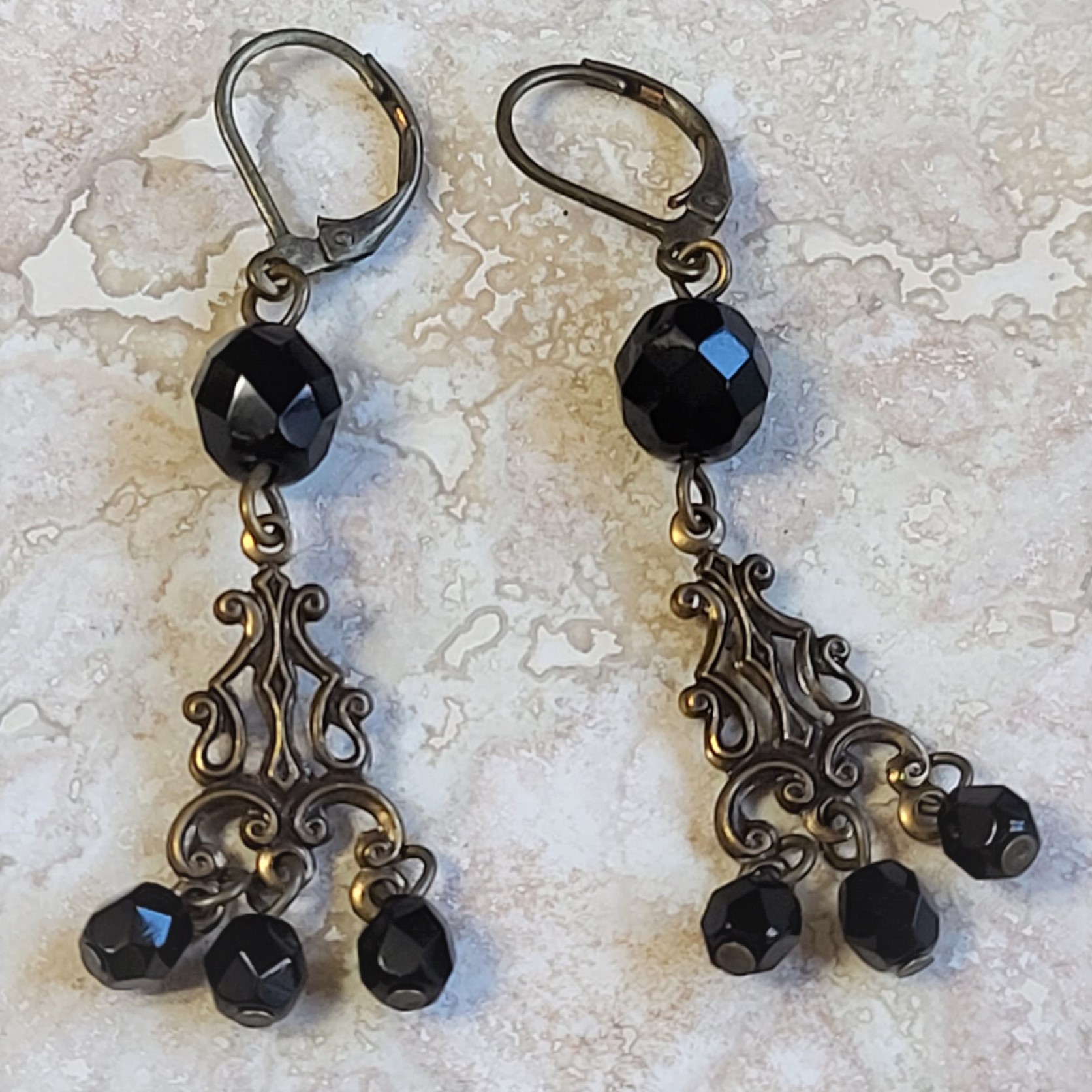 Black Faceted Czech Glass Bead Victorian Earrings - Click Image to Close