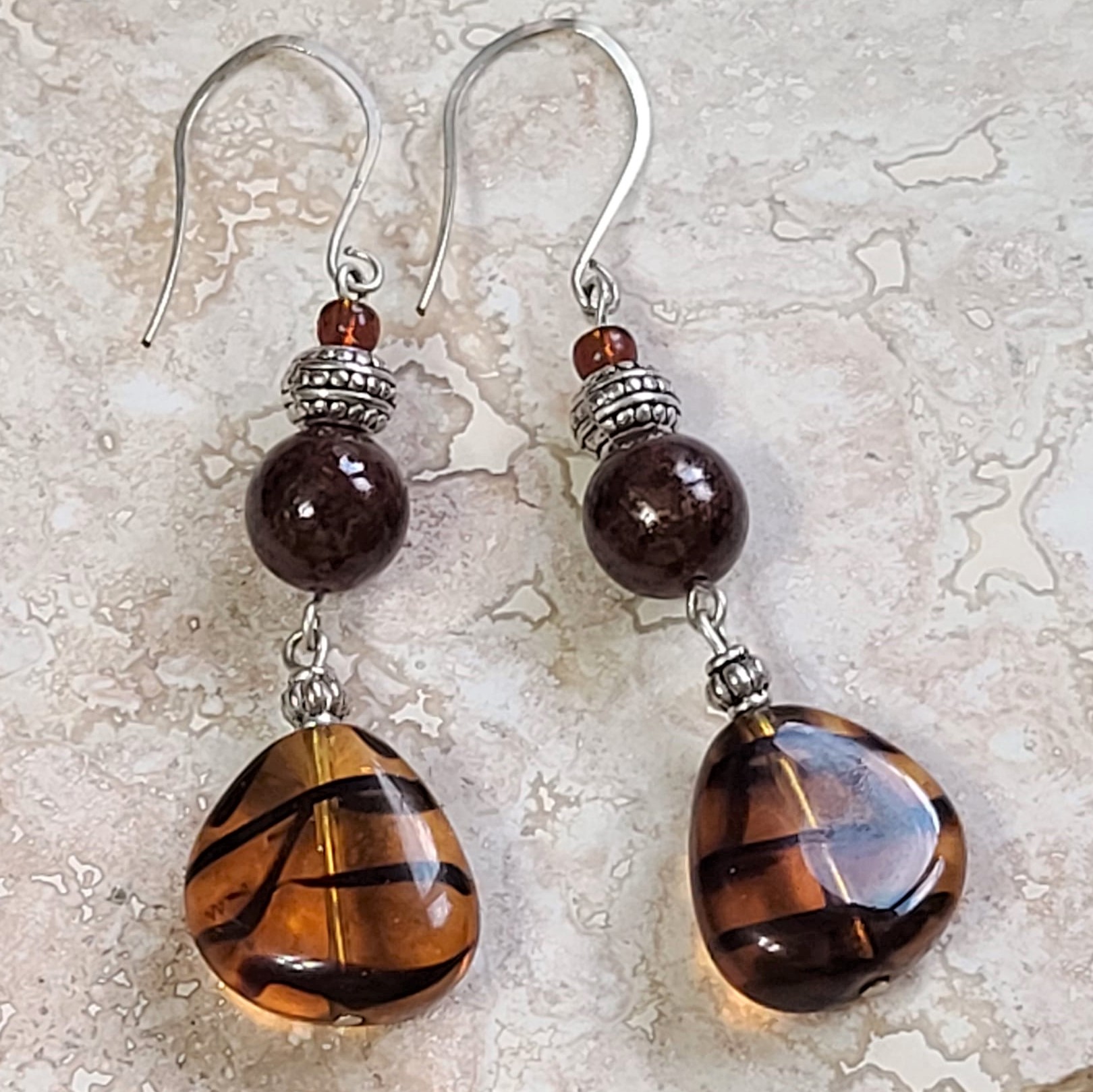 Tiger Glass & Bali Sterling Silver Bead Earrings - Click Image to Close