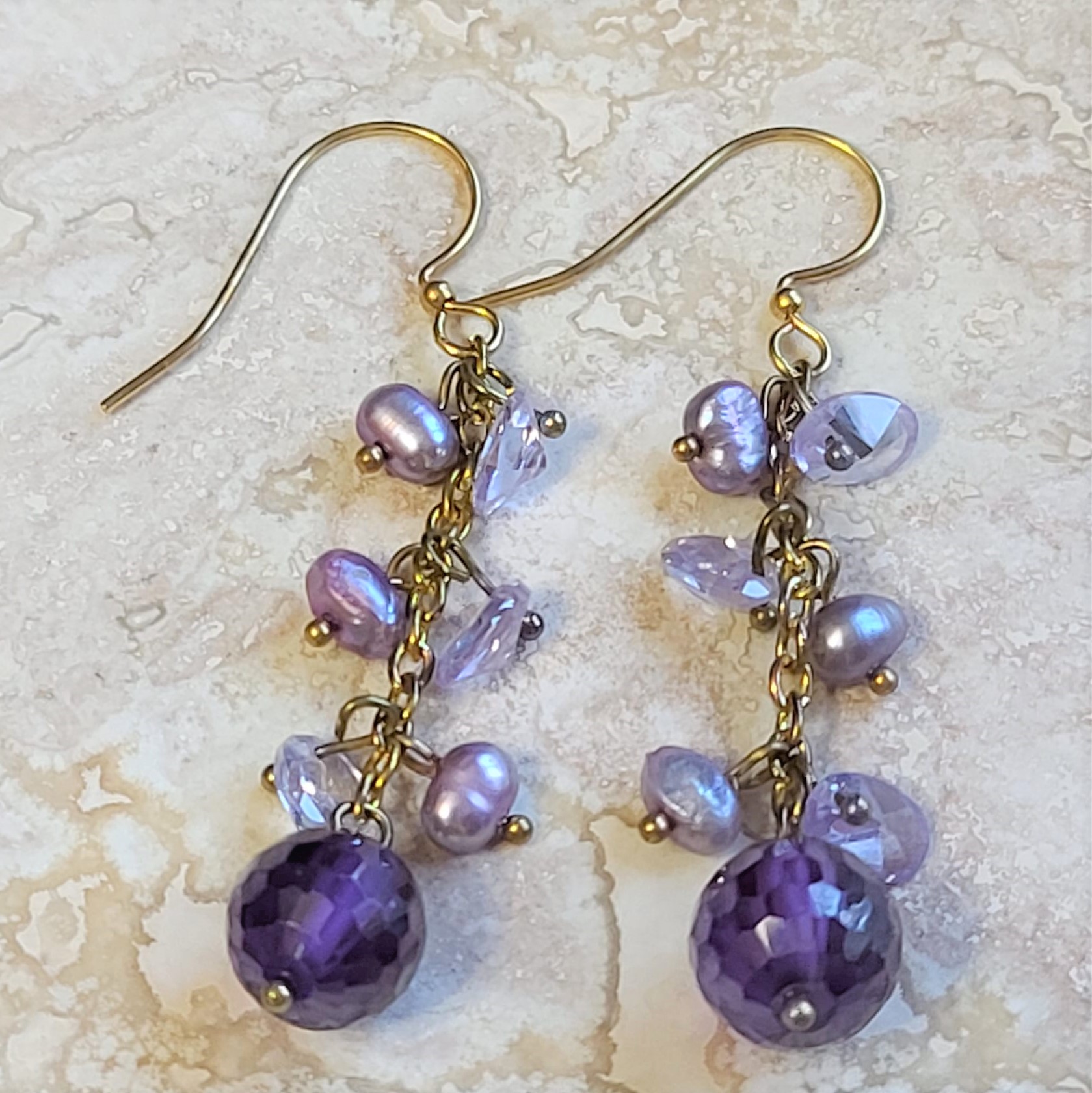 Amethyst Glass Beads w/Shell & Crystal Earrings - Click Image to Close