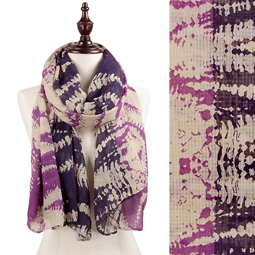 Scarf - Tri-Tone Shibori Print Oblong Scarf Purple Tye Dye