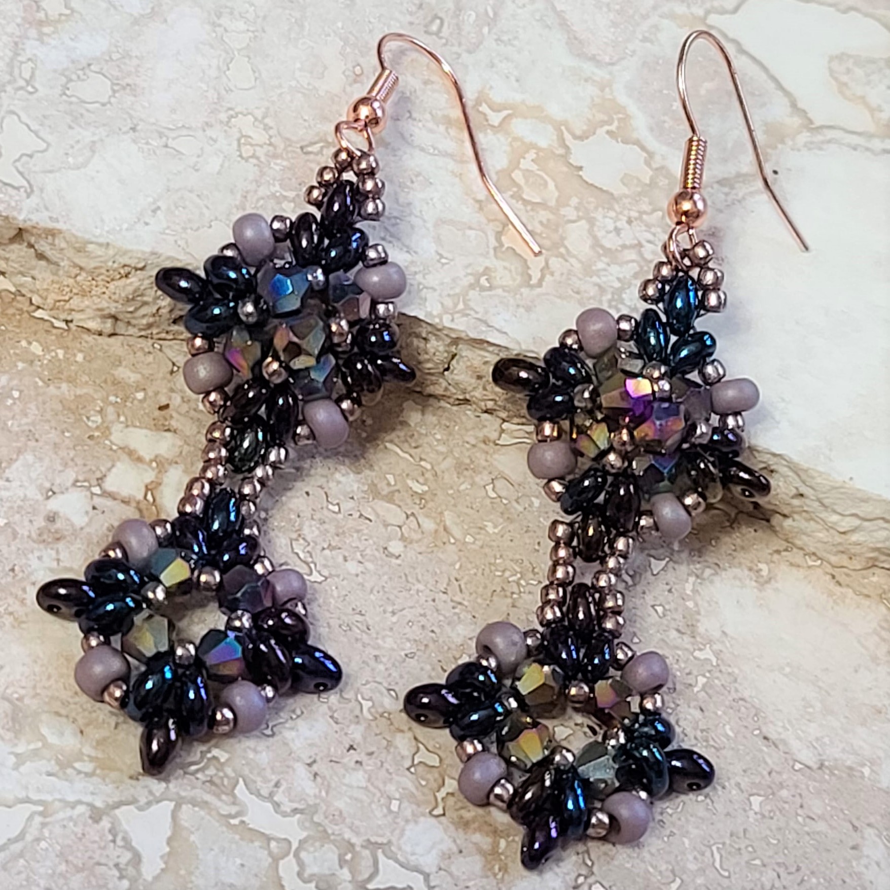 Purple and Blue Iris glass and crystal earrings